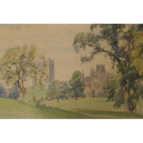 874 - Charles William Sharpe, landscape with cathedral, possibly Ely, signed, watercolour, 36 x 24cm