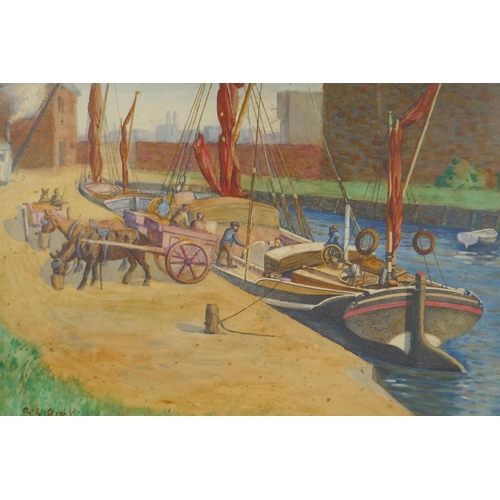 876 - Greenwich Canal, signed A.L. Airy, early C20th watercolour, 51 x 35cm