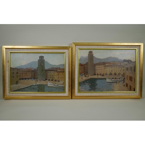 877 - In the manner of Harry Watson, (British, 1871-1936), a pair of Continental city canal scenes, 40 x 3... 