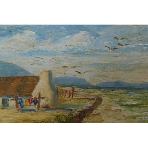 882 - Sea scape with crofters cottage, possibly Scottish, signed, oil on board, 19 x 14cm