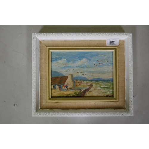 882 - Sea scape with crofters cottage, possibly Scottish, signed, oil on board, 19 x 14cm