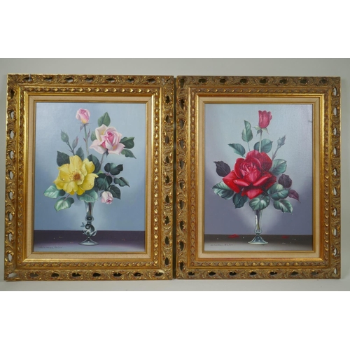 883 - Alexander Wilson, (C20th), two still lifes with flowers, oil on board and oil on canvas, 30 x 41cm