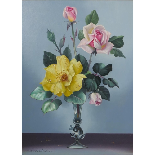 883 - Alexander Wilson, (C20th), two still lifes with flowers, oil on board and oil on canvas, 30 x 41cm