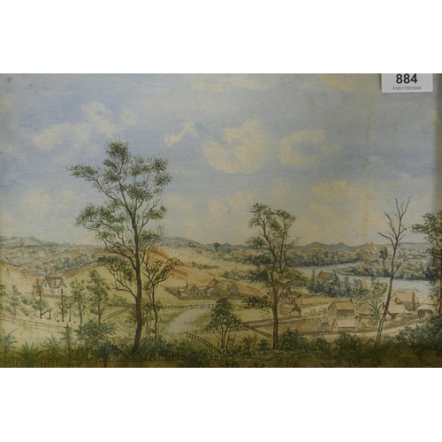 884 - A rare C19th naive watercolour of Brisbane, Australia, showing the hills and river, unsigned but ins... 