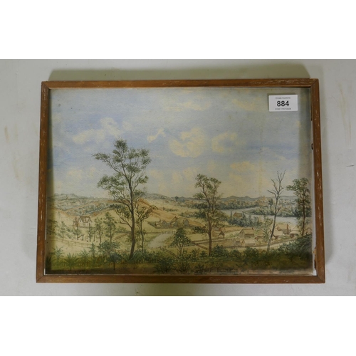 884 - A rare C19th naive watercolour of Brisbane, Australia, showing the hills and river, unsigned but ins... 