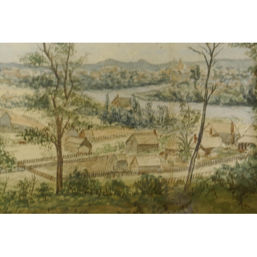 884 - A rare C19th naive watercolour of Brisbane, Australia, showing the hills and river, unsigned but ins... 