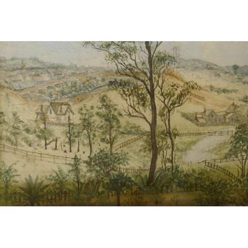 884 - A rare C19th naive watercolour of Brisbane, Australia, showing the hills and river, unsigned but ins... 