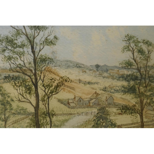 884 - A rare C19th naive watercolour of Brisbane, Australia, showing the hills and river, unsigned but ins... 