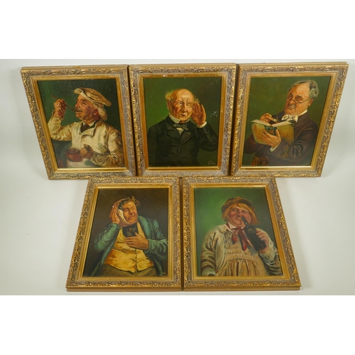 890 - S. Clary, five portraits of gentlemen exhibiting the five senses, oils on panel, 24 x 31cm