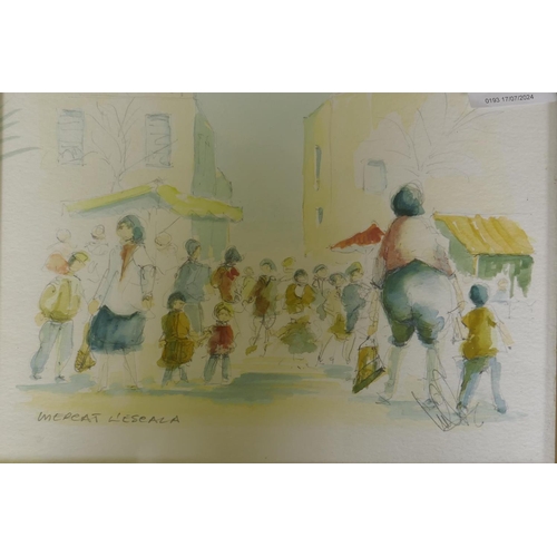 892 - Market at Escala, signed indistinctly, late C20th, pencil and wash, 24 x 19cm