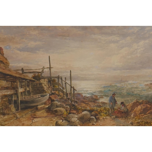 894 - James George Philip, (1816-1885), fisherfolk by a cottage, watercolour, 55 x 35cm