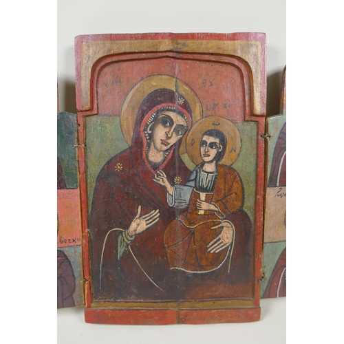 897 - An C18th/C19th Greek Orthodox triptych icon, 18 x 28cm, 36 x 28cm unfolded