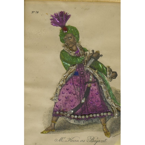 900 - A C19th tinsel print, Mr Kean as Bajazet, No. 14, a hand coloured and foil embellished print with pa... 