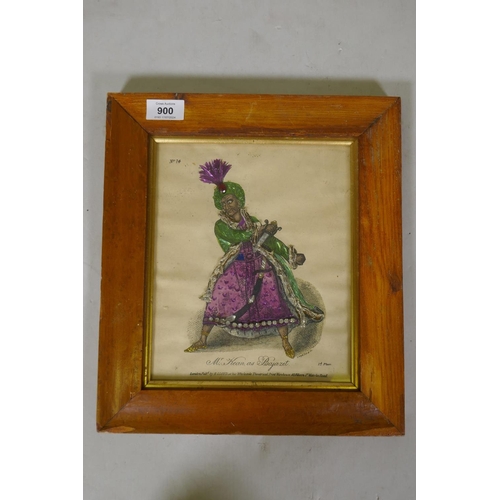 900 - A C19th tinsel print, Mr Kean as Bajazet, No. 14, a hand coloured and foil embellished print with pa... 