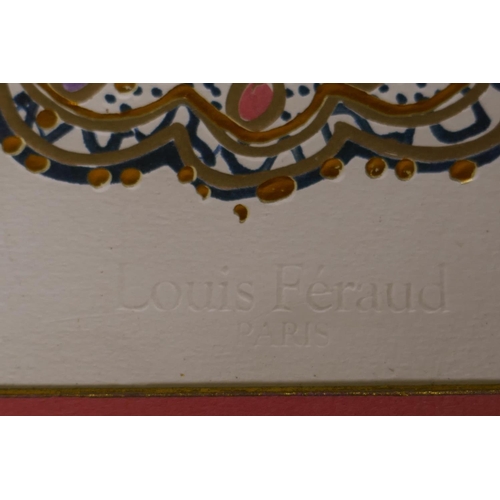 901 - A vintage fashion/advertising print for Louis Feraud with gilt painted highlights on paper with rais... 