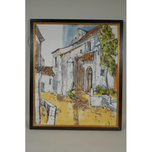 902 - Bernard Dufour, (French, 1922-2016), street scene, acrylic overpainted print on canvas, laid on boar... 