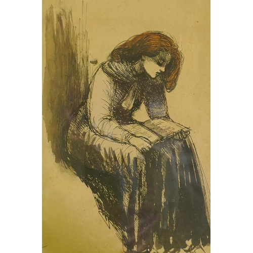 909 - Study of a seated woman, reading a book, pen and ink with wash, signed, 11 x 13cm