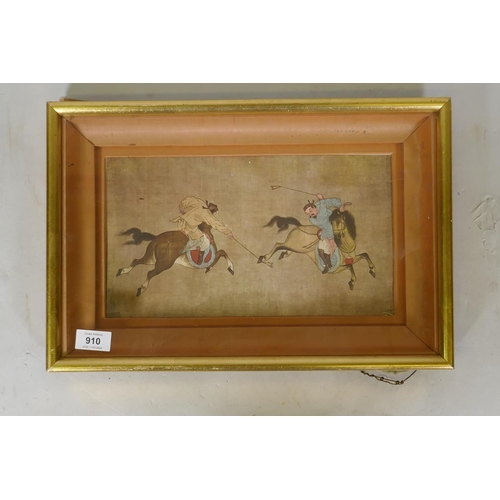 910 - A print of Chinese polo players in a picture box gilt frame, 45 x 30cm