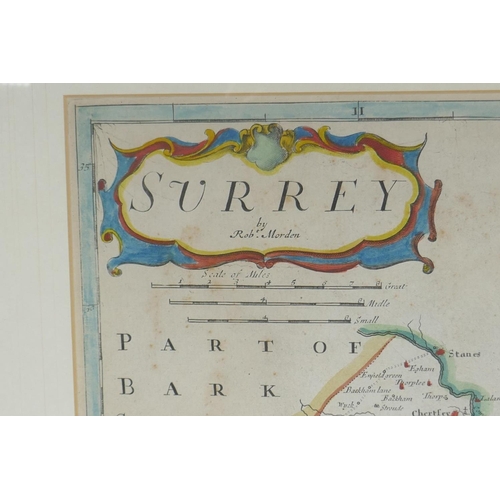 911 - A C17th/C18th hand coloured map of Surrey by Robert Morden, (British, 1650-1703), 42 x 36cm