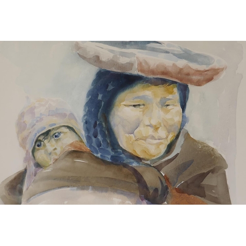 913 - Pisac, Peru, woman with child, signed and dated (19)77, watercolour, 69 x 55cm