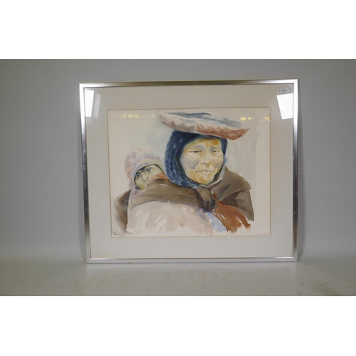 913 - Pisac, Peru, woman with child, signed and dated (19)77, watercolour, 69 x 55cm