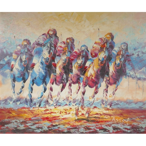 915 - Polo players, signed Assaf, oil on canvas board, 66 x 56cm