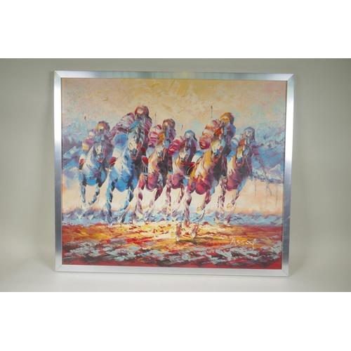 915 - Polo players, signed Assaf, oil on canvas board, 66 x 56cm