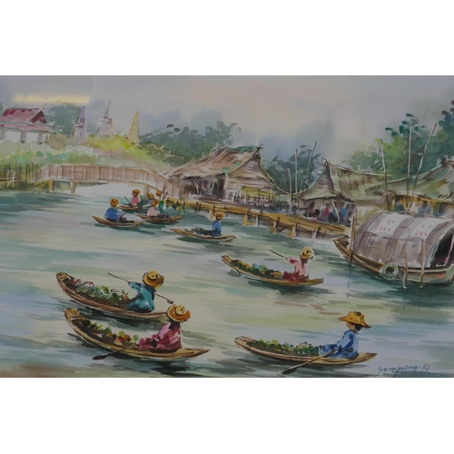 919 - Oriental river scene with figures on boats, signed Sorapong, watercolour, 37 x 27cm