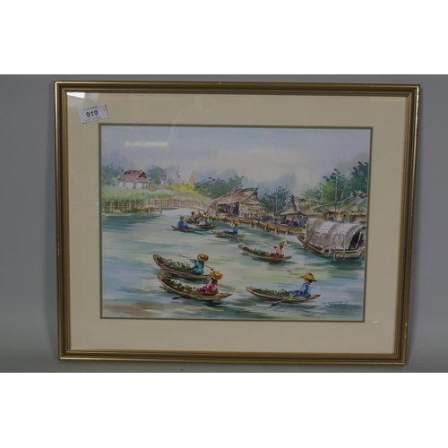 919 - Oriental river scene with figures on boats, signed Sorapong, watercolour, 37 x 27cm