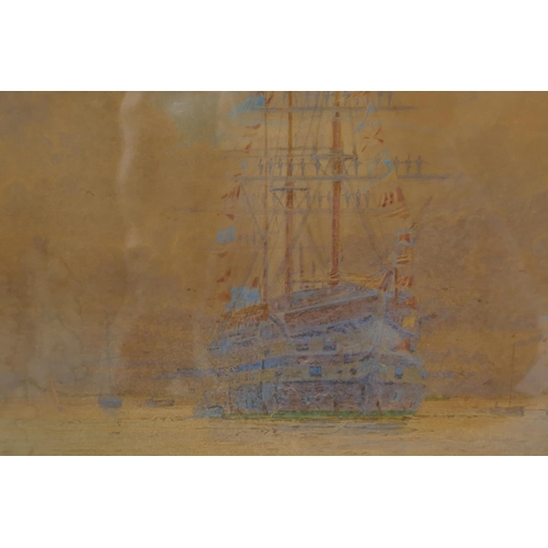 926 - Henry Branson Freer, The Training Ship, HMS Worcester at her Moorings, signed, watercolour, AF, 47 x... 