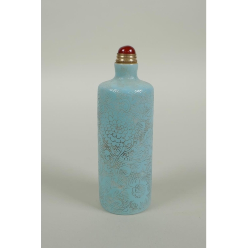 93 - A Chinese turquoise glazed porcelain cylinder snuff bottle with allover floral decoration, 2 charact... 