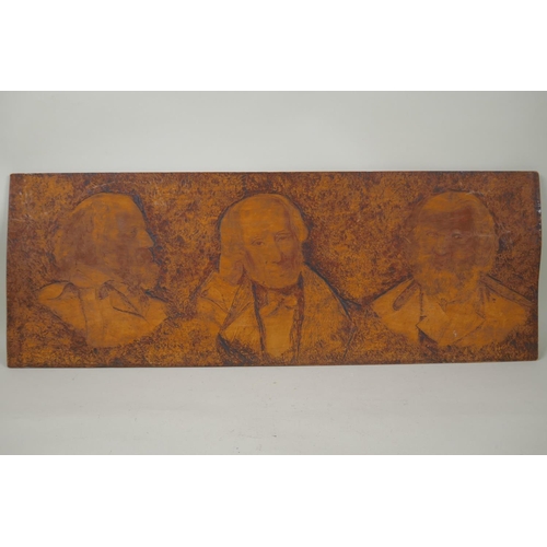 931 - An antique continental pokerwork panel with three bust portraits of distinguished gentlemen, the rev... 