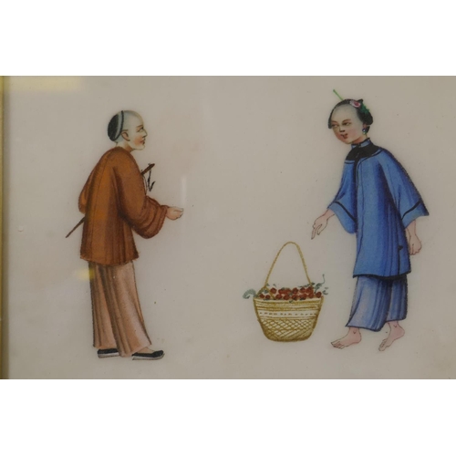 934 - A set of six C19th Chinese watercolours on rice paper, depicting street vendors, each 12 x 9cm, hous... 