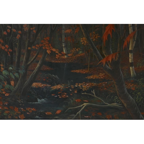 936 - S.R. Landymore, (Canadian), autumnal scene with maple trees and brook, signed and dated 1956, stampe... 