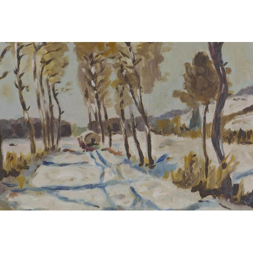 951 - Continental winter landscape with horse and cart on a track, unsigned, mid C20th, oil on board, 46 x... 