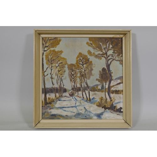 951 - Continental winter landscape with horse and cart on a track, unsigned, mid C20th, oil on board, 46 x... 