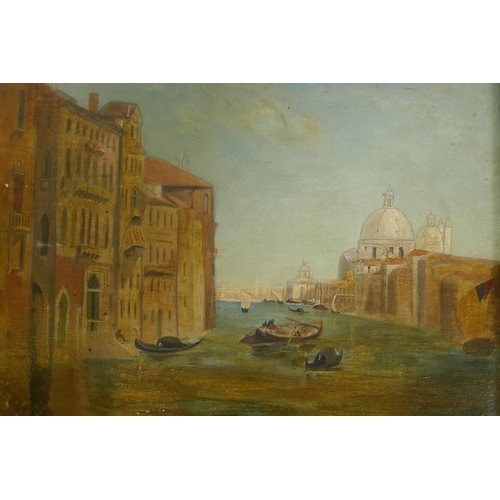 955 - Venetian backwater with gondolas and barges, signed indistinctly, inscribed verso Alfie? Pallentine,... 