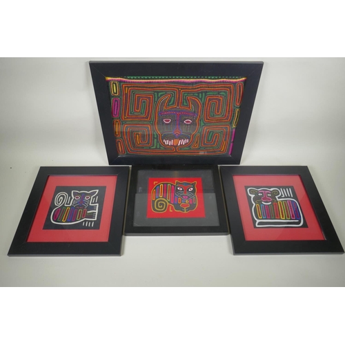 956 - Four Central American 'Kuna Mola' textile artworks of animals, 42 x 30cm