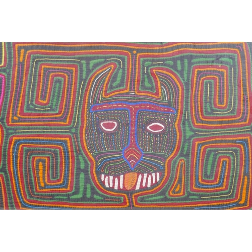 956 - Four Central American 'Kuna Mola' textile artworks of animals, 42 x 30cm