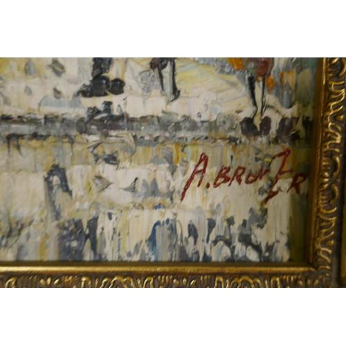 963 - Parisian street scene, signed Neil, oil on board, 41 x 31cm, and a pair similar signed A. Brower, mi... 