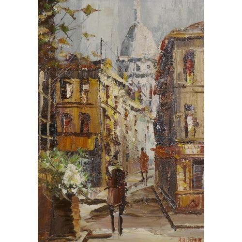 963 - Parisian street scene, signed Neil, oil on board, 41 x 31cm, and a pair similar signed A. Brower, mi... 