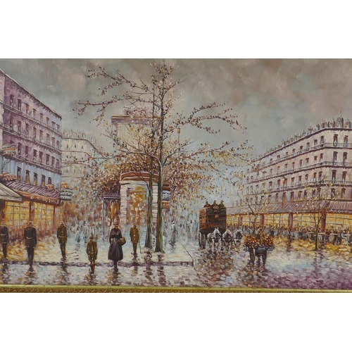 965 - Parisian boulevard scene, signed indistinctly, oil on canvas, 122 x 61cm