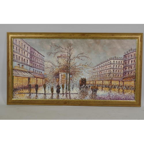 965 - Parisian boulevard scene, signed indistinctly, oil on canvas, 122 x 61cm