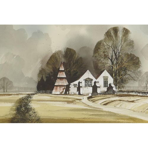 970 - J.A. Hurley, Wold Church, signed, watercolour, 38 x 29cm