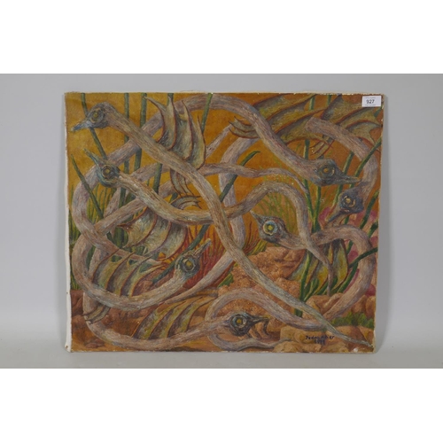 897 - Pedro Alier, abstract with serpents, signed and dated 1971 with dedication verso, oil on canvas, 55 ... 