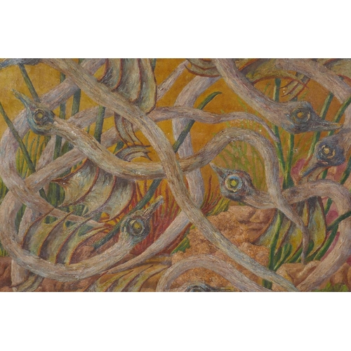 897 - Pedro Alier, abstract with serpents, signed and dated 1971 with dedication verso, oil on canvas, 55 ... 