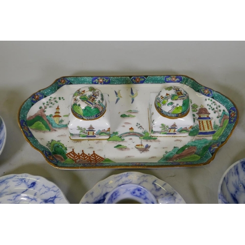 250 - C19th pearlware part tea set with marbled decoration, impressed crown mark, and a Staffordshire 'Ye ... 