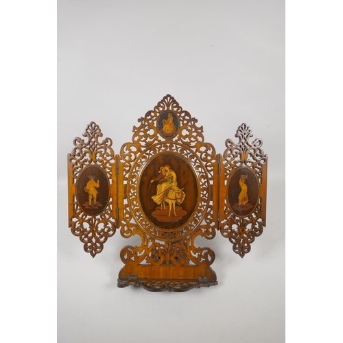 1 - A C19th Sorrento inlaid olivewood book stand with fold out panels and easel support, 36 x 34cm