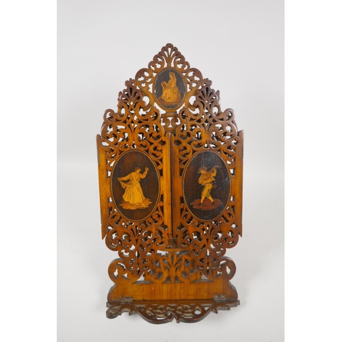 1 - A C19th Sorrento inlaid olivewood book stand with fold out panels and easel support, 36 x 34cm