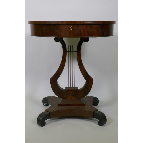 1003 - A C19th Scandinavian mahogany work table, the top with book matched figural veneers, pull out frieze... 